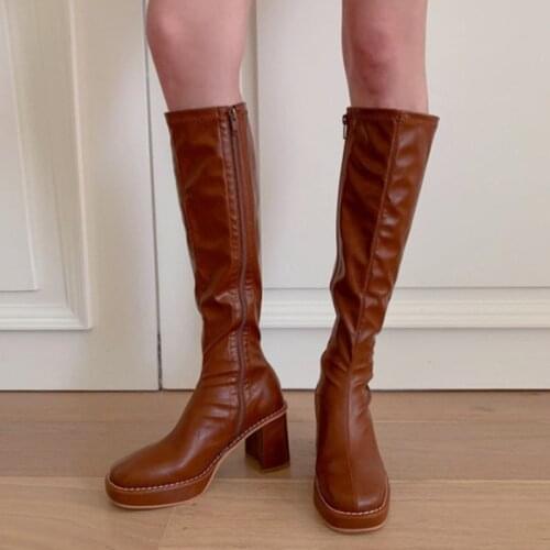 Autumn winter women square-head elastic skinny high-heeled chunky high-heeled high-heeled but knee rider calf boots girl