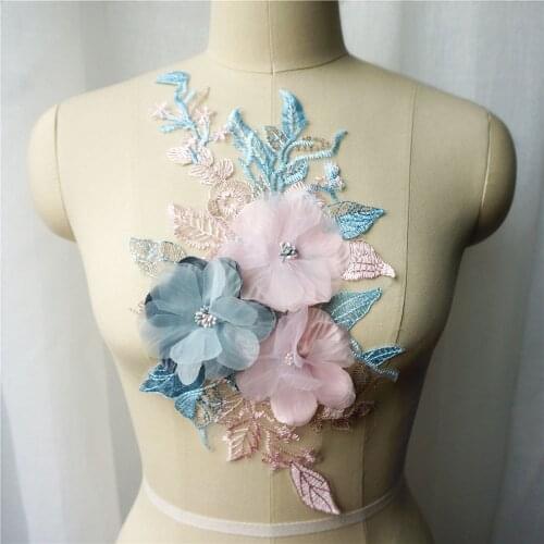 Pink Blue 3D Flower Lace Fabric Embroidered Wedding Gown Appliques Collar Mesh Sew Patch For Dress DIY Decoration