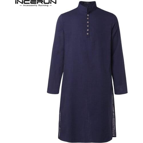 INCERUN Vintage Stand Collar Shirts Mens Long Sleeve Buttons Islamic Blouse Casual Solid Color Long Style Muslim Clothing S-5XL