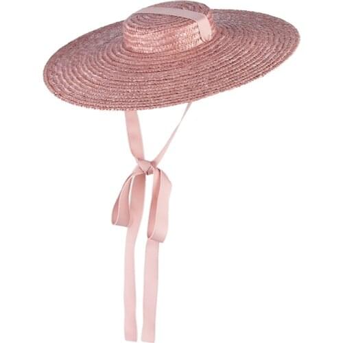 GEMVIE Wide Brim Flat Top Straw Hat Summer Hats For Women Ribbon Beach Cap Boater Fashionable Sun Hat With Chin Strap