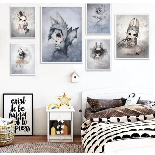 Modern Rabbit Girl Angel Cartoon Poster Canvas Drawing Picture Children Room Baby Nordic Paintings Wall Art Graffiti Decoration