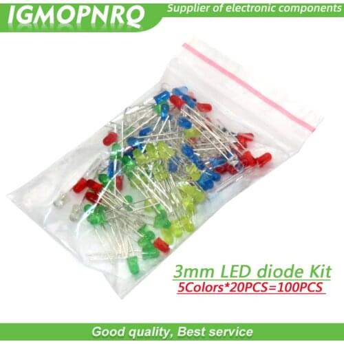 5Colors*20PCS=100PCS 3mm LED diode Light Assorted Kit White Yellow Red Green Blue each 20pcs Component package