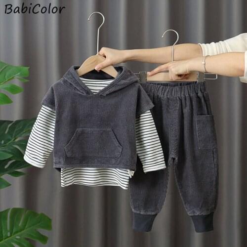 Baby Girls Spring And Autumn Casual Style Hooded Short-sleeved Jacket + Striped Top + Trousers And Corduroy Three-piece Set