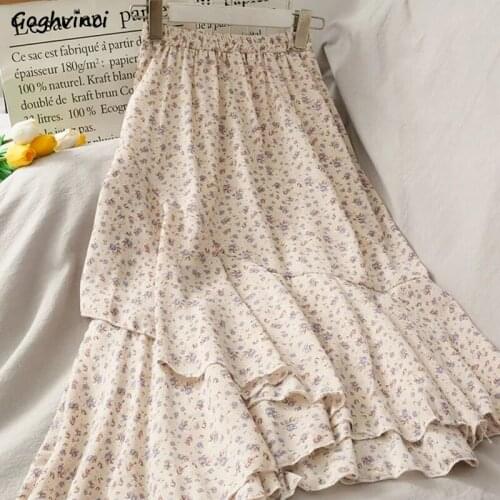 Skirts Women Summer 2021 Floral Sweet Empire Mid-calf Ruffles Cozy Vintage Girls All Match Streetwear Casual Elegant Holiday Ins