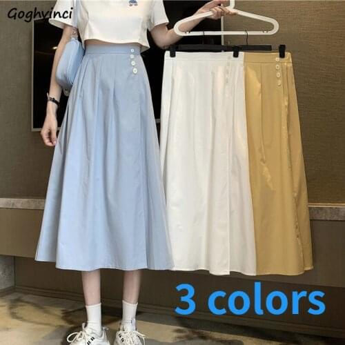 Women Skirts Mid-calf Solid Chic Trendy A-line High Waist Buttons Pleated Streetwear Gentle Korean Style All-match Harajuku Slim