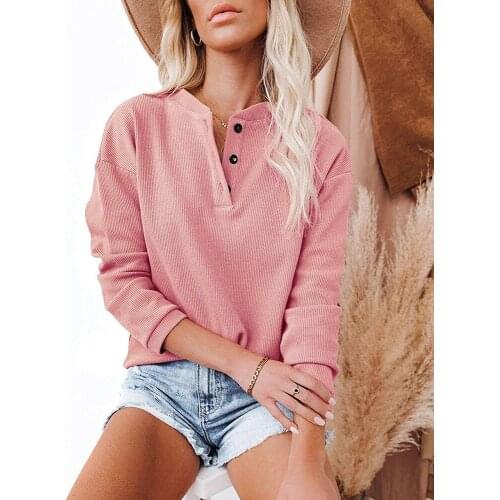 Women V Neck Button Solid Color T Shirt Autumn Long Sleeve Tees Casual Tops Loose Streetwear Fashion Tee Shirts Poleras Mujer