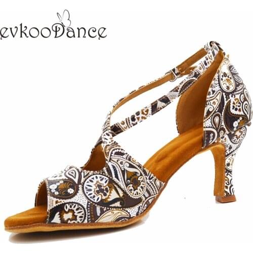 Evkoodance satin latin dance shoes flower pu heel height 7cm Size US4-12 Women Shoes Professional Evkoo-611