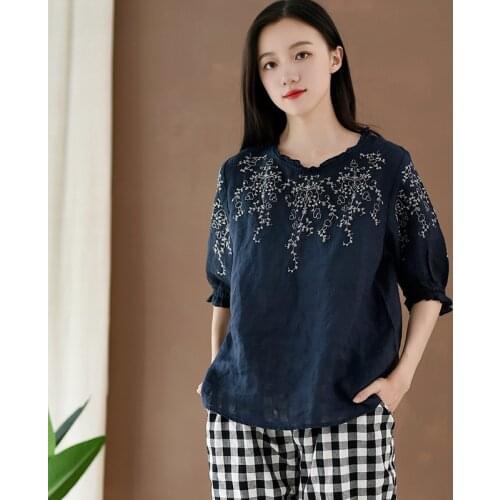 DakunhuiLC Women Embroidery Floral T-Shirts Ramie Lantern Sleeve 2021 Summer New Vintage Boho Women Cloths Casual T-Shirts