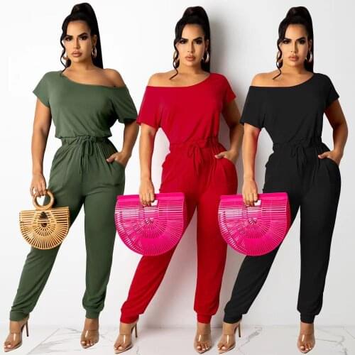 Casaul Women Jumpsuit Bandage With Poacket Slash Neck Solid Color Streetwear Long Romper Women Jumpsuit Outfit