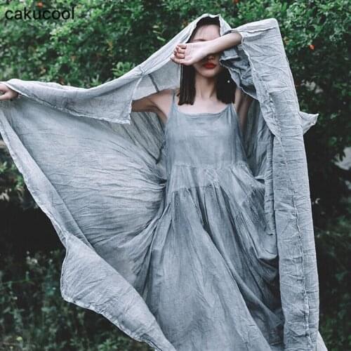 Cakucool 2019 spring and summer cotton suspender dress irregular large swing dress literary folds very fairy dress