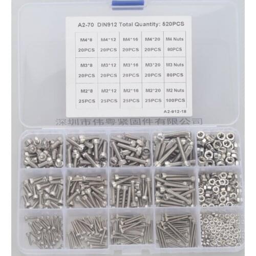 520Pcs/set DIN912 M2 M3 M4 304 Stainless Steel Hexagon Socket Head Cap Screws Furniture Hex Bolts Assortment Kit