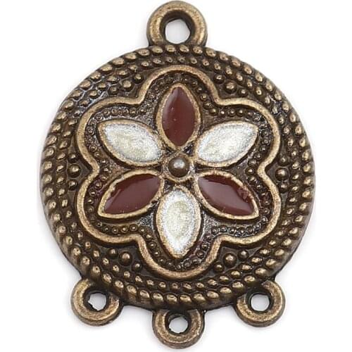 8Seasons Zinc Alloy Connectors Round Antique Bronze Vintage Flower Enamel Bohemian DIY Earrings Jewelry Gifts 23mm x 18mm, 10PCs