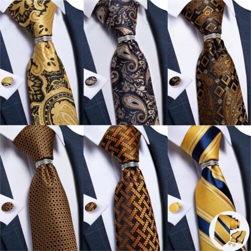 DiBanGu Silk Men Tie 8cm Gold Paisley Striped Calssic Business Wedding Party Necktie Handkerchief Cufflinks Set Fathers Gift