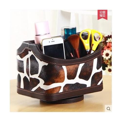 Home rotating desktop leathe 5-slot household organizer containder for cosmetics tools brown 258B