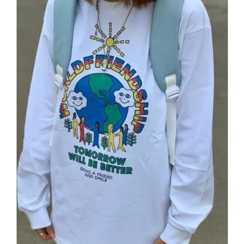 Calelinka World Friendship Cute Graphic Long Sleeve Tees Ins Fashion Hip Hop Earth Print Funny Autumn Shirts Oversize Cotton Top