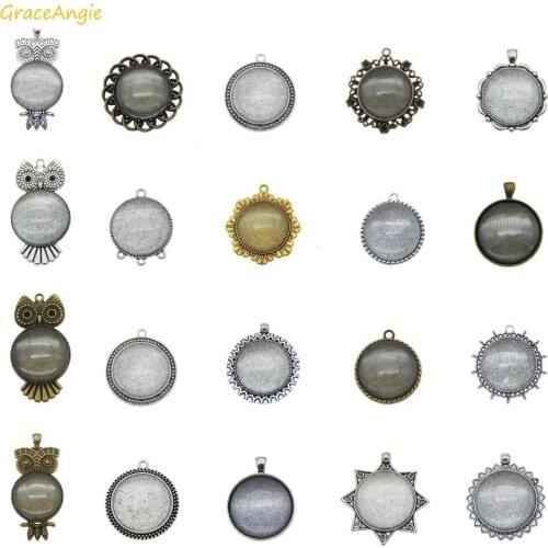 GraceAngie 5sets round charms Setting Tray Blank Pendant base with Glass owl Zinc Alloy Mixed color cover DIY Necklace Jewelry