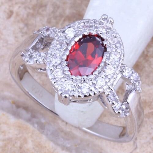 Gracious Red Garnet White CZ Silver Plated Womens Ring Size 6 / 7 / 8 / 9 R1168