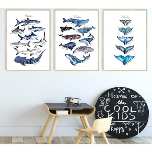 Cartoon Blue Whale Fish Tail Fin Compass Wall Art Canvas Painting Nordic Posters And Prints Wall Pictures For Kids Room Decor