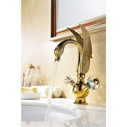 Free shipping GOLD PVD single hole Double Crystal Knobs bathroom basin swan faucet mixer tap