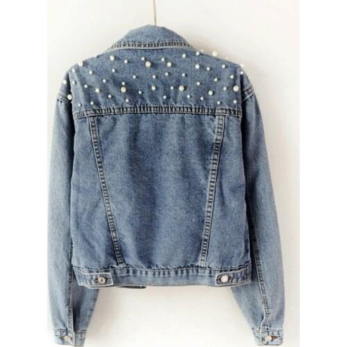 Fast Delivery New Spring Autumn Fashion Womens Denim Jacket Full Sleeve Loose Button Pearls Short Lapel Wild Leisure Coat Women