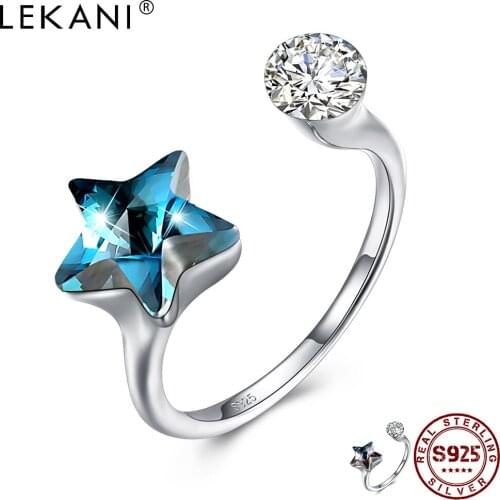 LEKANI 925 Sterling Silver Rings For Women Colorful Star Austria Crystal With Round CZ Adjustable Ring Anniversary Jewelry