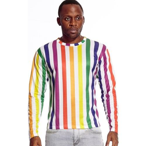 Rainbow Striped Men T Shirt Colorful Vertical Stripes Tee for Male Gay Pride Party Quick Dry Long Sleeve Round Neck Boy