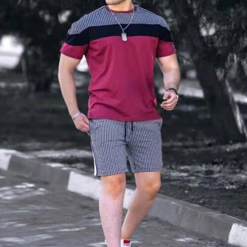 Men Slim Suits 2021 Summer Mens Patchwork Casual 2 Piece Set Fashion O-Neck Short Sleeve Tees And Drawstring Shorts Outfits For