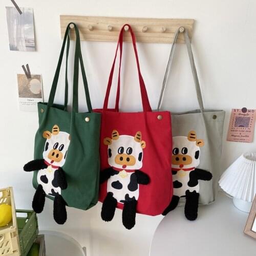 2021 New Female Large Capacity Canvas Bag Shopping Tote Bags Women Personalized Bag Cartoon Cow Canvas Handbag