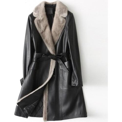 New Classic Women Genuine Leather Coats Sheep Mink Fur Hair Winter Quilted Overcoats Black Long Sashes Warm Slim Female Outwear