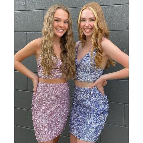 Sequins vestido de formatura 2020 Two-Piece Homecoming Dress Purple vestidos de graduación with Staps Sequins Sheath Tassel Pink