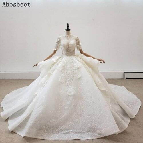 Luxury Beads Short Sleeve Wedding Dress Plus Size 2021 New Ball Gown Ivory with Cathedral Train Robe Mariee Puffy Bridal Dress