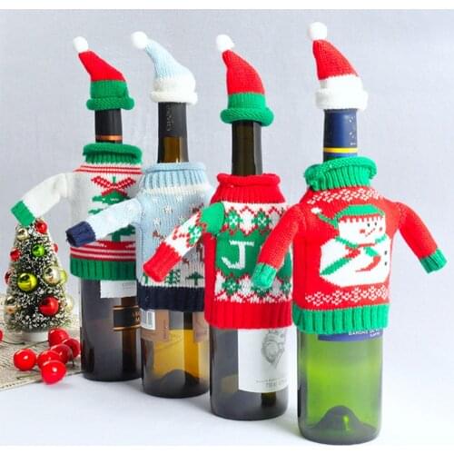Christmas Wine Bottle Sweater Cover Christmas Decoration Bag Santa Claus Knitting Hats for New Year Xmas Home Dinner Party Decor