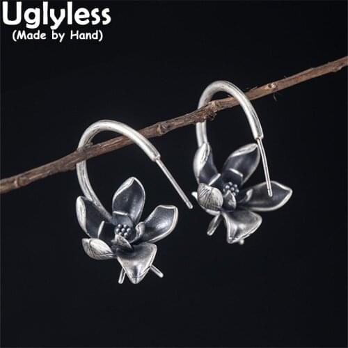 Uglyless Thai Silver Vintage Blooming Lotus Earrings for Women Ethnic 925 Sterling Silver Flowers Brincos Eastern Beauty Jewelry