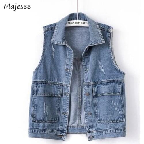 Vests Women Spring New Oversize Denim Pockets Coats Loose Cargo Korean Style All-match Vintage Streetwear Casual Waistcoat Mujer