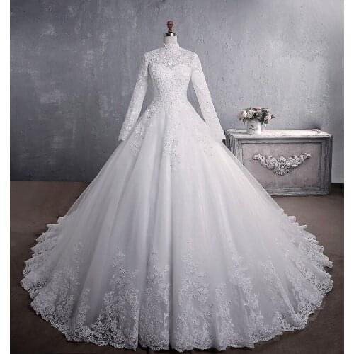 New Romantic Sweet Elegant Princess Luxury Lace Wedding Dress 100cm Long Sleeves Appliques Celebrity Ball Gown Vestido De Noiva