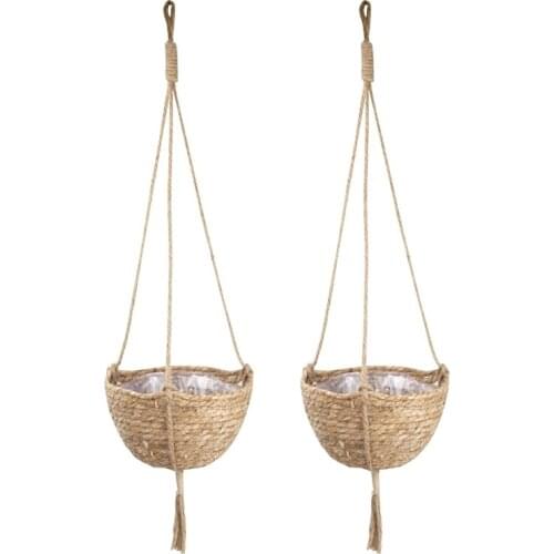 2 Pack Natural Straw Hanging Planter Basket Set,Indoor Plant Pots, Plant Pot Cover