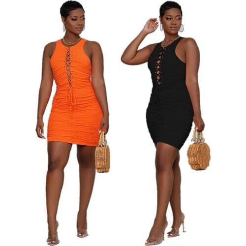 2021 Summer Fashion Dress Women Hollow Out Bandage Mini Dress Ruched Pleated Sexy Package Hip Dress For Nightclub Party S-XXL