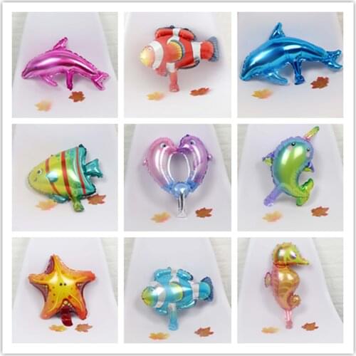 50pcs/lot Mini Sea Horse Shark Clown Fish Animal Balloon for children Birthday Party Decor Supplies foil Balloons Classic Toys