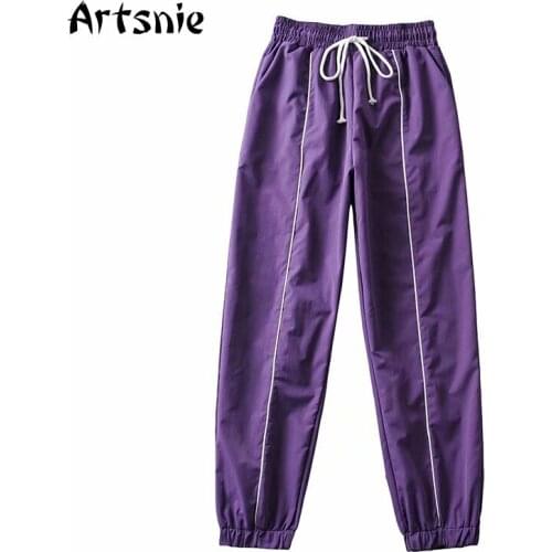 Artsnie Summer 2021 Purple Casual Harem Pants Women Drawstring High Waist Trousers Streetwear Woven Ladies Pants Sweatpants
