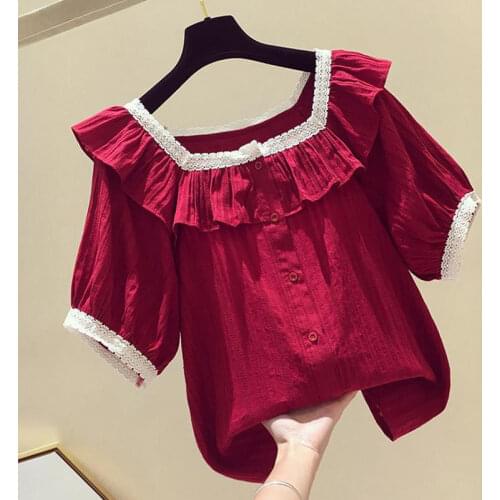 Fashion Summer Womens Tops and Blouses Elegant Loose Short Sleeve Square Collar Shirt Ladies Vintage Solid Color Blouse L292