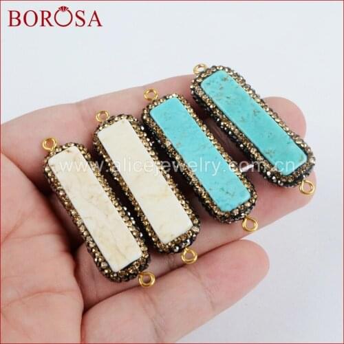 BOROSA Rectangle Natural White/Blue How-lite Stone Charms Connectors Handcrafted Crystal Rhinestone Pave Double Bails JAB633
