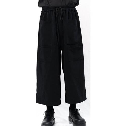 Yamamoto Style Mens casual pants wide leg pants Elastic Waist Skirt Black Multi Pocket flared pants
