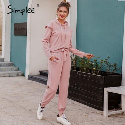 Simplee Elegant solid women jumpsuits Ruffle sleeve Hooded collar Autumn winter jumpsuit romper Streetwear ladies pocket overal