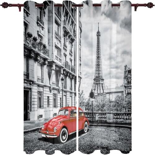 Red Vintage Car Paris Tower Street Window Curtains Home Decor Curtains for Living Room Bedroom Items Christmas Curtains