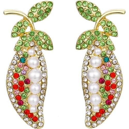 2021 Fashion Costume Jewelry New Trend Gold Plated Colorful Crystal Pearl Leaf Pea Earrings Brincos Korean Earrings For Women