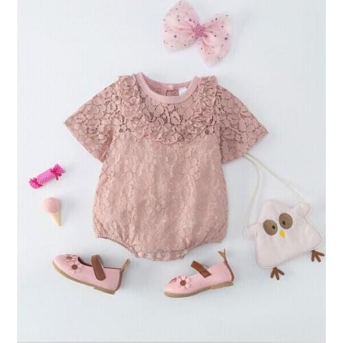 2021 New Style Babys Short Sleeve Romper Newborns Lace Ruffled Collar Back Crotch Button One-Piece Garment for Infant Baby Hot