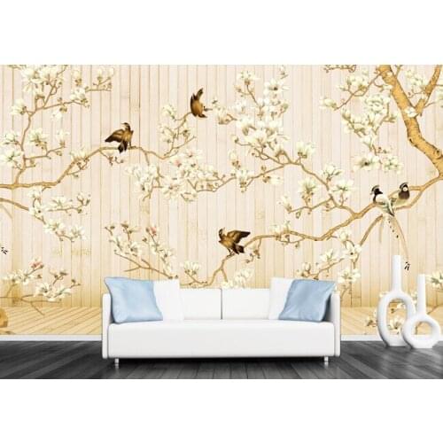 Custom photo wallpaper, painted flowers and birds painting wood for the living room bedroom TV background wall vinyl wallpaper