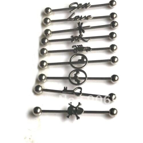 INDUSTRIAL BARBELLS 316L stainless steel Earring Ring Long ear Jewelry Cool Mixed Logos 50pcs/lot Free Shipping