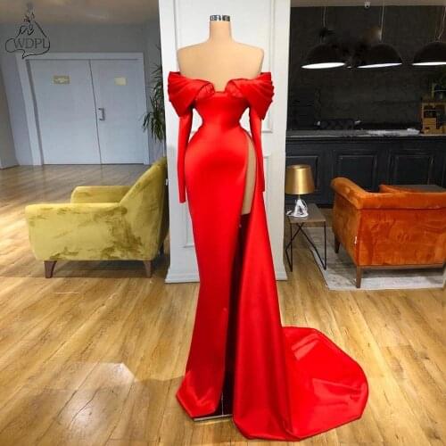 Simple Dubai Red Evening Dresses Long 2020 Elegant Long Sleeves Prom Gowns Side Split Celebrity Dresses Evening Wear Robes