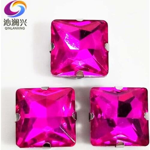 Rose red top quality Glass Crystal sew on stones,square shape claw rhinestone with holes,Diy/Clothing accessorie SWZ424